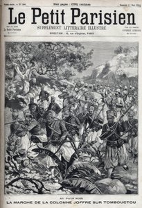 A francia gyarmatokon: Joseph Joffre tábornok (1852-1931) hadoszlopának és szpáhi seregének felvonulása Timbuktuban (Mali). Metszet a „Le Parisien”-ben alkotó: Unknown artist