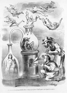 Garibaldi e Cavour munkatársainak alkímia laboratóriumában azt látjuk, hogy fokozatosan eloszlik a felesleges gőz (amelyet az olasz régiók maszkjai képviselnek), és megmarad az Il Fischietto szatirikus újság szubsztanciális (Olaszország) karikatúrájának. alkotó: Unknown artist