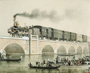 A várost a kontinenssel összekötő velencei lagúnán átívelő híd felavatása (Litográfia alkotó: Unknown artist