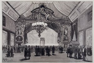 Izzólámpás világítás az Electricite kiállításon: Werdermann csillár a színházteremben - a „Természetben” alkotó: Unknown artist