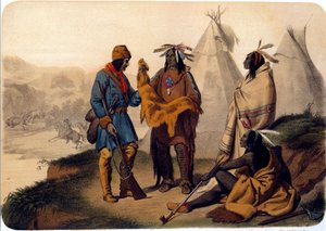 Amerika indiánjai: Vörösbőrrel csereberélő trapper, répabőrt cserélnek, az egyik indián tintahalat szív. 19. századi litográfia La Rochelle, Musee du Nouveau Monde alkotó: Unknown artist