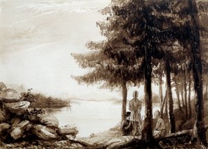 Indiánok egy tó partján. 19. századi litográfia. La Rochelle, Újvilág Múzeum alkotó: Unknown artist