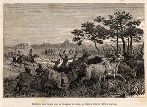 Őslakos baris (Szudán lakossága) íj- és nyílfegyverek, amelyek a Sir Baker által elkobzott csordákkal menekülnek, hogy megakadályozzák őket abban, hogy megtámadják a régió más törzseit, kifosztásuk és rabszolgasorba vonásuk érdekében. alkotó: Unknown artist