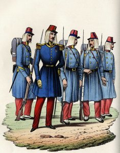 Az afrikai francia hadsereg gyalogsága; tiszt, altiszt és katonák Algériában 1830-ban. In „” Storia d
