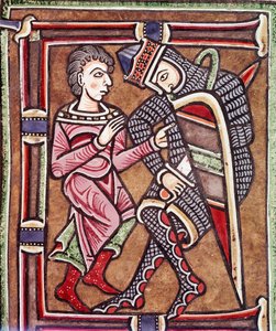 Kezdő E betű Dáviddal és Uriával, Betsabé házastársával (miniatűr alkotó: Unknown artist
