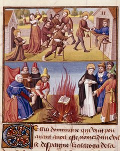 Az Inkvizíció „Az Autodafe Saint Dominique de Guzman (1170-1221), a domonkos rend alapítója által elnökölt, az eretnekkönyv és az ortodox könyv tüzének bizonyítéka”” Miniatűr a „Le miroir historial”-ban (Speculum Historiale) ( ms. 1196, fol. 372) by alkotó: Unknown artist