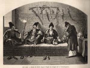 Egy tatár kávézóban Schouchában (Transcaucasia, Oroszország), ahol a férfiak találkoznak teázni és vízipipát szívni. Basile Vereschaguine 1864-1865-ben a Kaukázus tartományaiban tett utazást illusztráló metszet, megjelent a „le tour du monde”-ban, a alkotó: Unknown artist