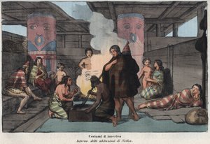 Egy nagy közösségi ház belseje Nootka Soundon, falusiak füstölő és halat szárító, alvó és gyerekekkel foglalkozó lakókkal - (Nootka-sziget) - „” Interieur d