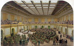 Az Egyesült Államok Capitoliumának Képviselőházának belső képe az ülésező Kongresszussal és a nézőkkel a galériában – 1866-os metszet. alkotó: Unknown artist