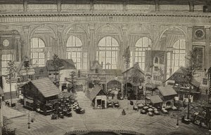 Nemzetközi pavilon a bécsi nemzetközi kiállításon, Ausztria, metszet Huber fényképéről, L