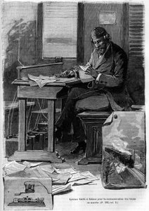 A Smith és Edison rendszer feltalálása futó vonatok kommunikációjára. Metszet a „La jeunesse” folyóiratban alkotó: Unknown artist