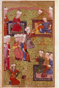 Iszlám művészet: bankett a szultán jelenlétében zenészekkel. Egy 16. századi kézirat miniatűrje Velence Biblioteca Marciana alkotó: Unknown artist