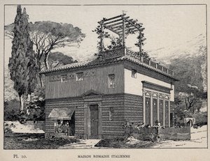 Olasz római ház – 1889-ben készült metszet az „Emberi lakhatás története az 1889-es egyetemes kiállításon, Charles GARNIER úr – Librairie centrale des beaux-arts Paris 1889 című könyvében alkotó: Unknown artist