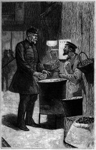Jacques Gaudry egy gesztenyekereskedőnél. Metszet a „The Journal of Youth”-ban alkotó: Unknown artist