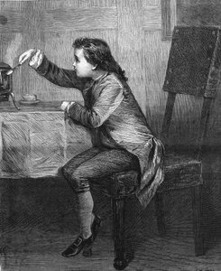 James Watt (1736-1819) gyermek felfedezi a gőz törvényeit. 1868-as metszet Marcus Stone festménye szerint. alkotó: Unknown artist