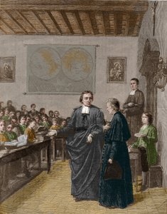 Jean Baptiste De La Salle (Jean-Baptiste) (1651-1719) francia vallású, a keresztény iskolák testvérei gyülekezetének alapítója, egyik iskoláját mutatja meg M de La Chetardie-nak. Metszet a 19. század végéről. alkotó: Unknown artist