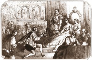 Jean Nicot bemutatja a dohánynövényt Catherine de Medicisnek (Caterina de Medici) és a Lotaringiai Ház nagypriorjának. 16. századi litográfia 1868 körül. alkotó: Unknown artist