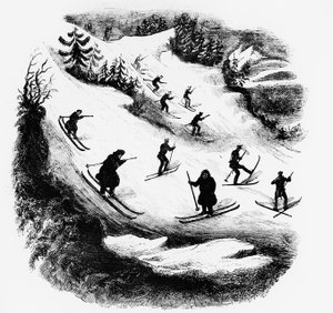 Jeux du Nord: síelők egy pályán - metszet, 19. század vége. alkotó: Unknown artist