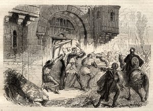 János II. Komnénosz, bizánci császár – II. Komnén János császár (1087-1143) a görögök élén, aki konstantinápolyi palotájának ajtaját hajtotta be – metszet a „Kitűnő népi szótárba” – 1864 – Joseph Decembre és Edmond Allonier - alkotó: Unknown artist