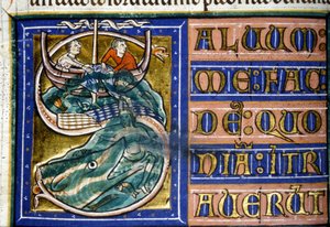 Jónást a tengerbe dobják, és egy hatalmas hal felfalja. 14. századi kézirat. Városi Bibl. a Vercelli. alkotó: Unknown artist