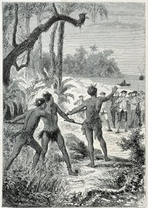 James Cook kapitány (1728-1779) utazása Új-Guineába: az első találkozás a bennszülöttekkel, illusztráció: „A 18. század nagy tengerészei” alkotó: Unknown artist