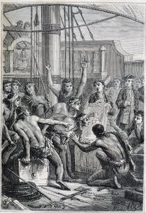 Samuel Wallis (1728-1795) utazása Polinéziába: bennszülött etonok tükörrel – illusztráció a „18. századi nagy tengerészek” című könyvből. alkotó: Unknown artist