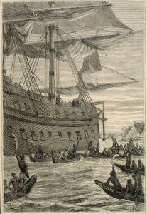 Samuel Wallis (1728-1795) utazása Polinéziába: az őslakosok banánágakat tartanak a kezükben üdvözlésképpen – illusztráció a „18. századi nagy tengerészek” című filmből. alkotó: Unknown artist