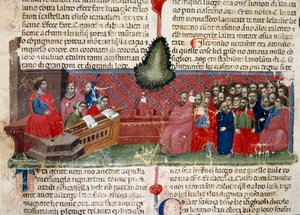 Jules Cesar (Kr. e. 101-44) a trónon Részlet egy kéziratos oldalról: „A rómaiak tényei” (Ms 1538) 1340 körül Firenze, Biblioteca Riccardiana alkotó: Unknown artist