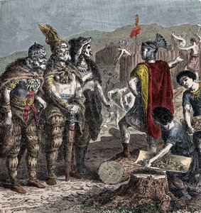 Julianus és frank vezérek - Julianus császár és Franco vezérek találkozója - (Flavius Claudius Julianus (331-363), Julianusnak, a hitehagyottnak, más néven Julianus filozófusnak vagy II. Julianusnak vagy Julianus császárnak) - metszet a 19. század végéről alkotó: Unknown artist