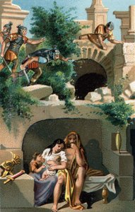 Julius Sabinus (a lingonok galljai) és felesége, Eponine kilenc évig bujkálnak gyermekeikkel egy földalattiban, majd felfedezik, hogy két ikerfiával együtt Rómába viszik őket. század késői kromolitográfiája. alkotó: Unknown artist