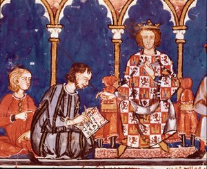 Bölcs X Alfonz király segít az írásban. Részlet egy miniatúráról a Bölcs Alfonso X (1221-1284) A sakk, kocka és asztalok könyvéből. 1282. Scorial Szent Lőrinc. Királyi Könyvtár alkotó: Unknown artist