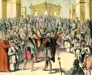 IV. Henrik király (1553-1610) megérinti egy beteg ember homlokát.”” A király thaumaturge, hatalmában áll meggyógyítani az ecrouellákat ennek a képletnek a kiejtésével. Metszet Andre du Laurens (1558-1609), IV. Henrik király orvosának vázlatából alkotó: Unknown artist