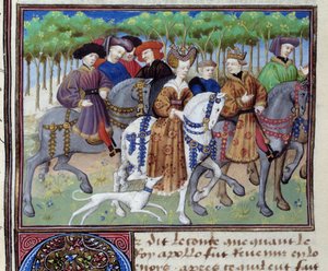 Király és királynő vadászni mennek (VI. Valois Fülöp és Navarrai Blanche (?)) Miniatűr a Le livre de la chasse című filmből”, Gaston III Phoebus, Foix grófja, Bearn ura (1331-1391) alkotó: Unknown artist