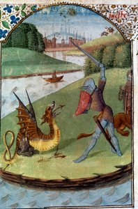 A kerekasztal lovagjai: „Lancelot harcol a sárkány ellen”” Kéziratos miniatűr „” Lancelot du Lac regénye” alkotó: Unknown artist
