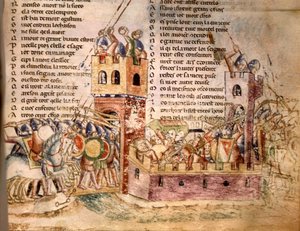 A lovagok megrohamoztak egy várat. 12. századi kézirat. Bibl. Marciana Velence. alkotó: Unknown artist