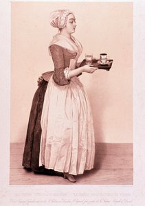 La Chocolatiere de Vienne: fiatal szobalány, aki egy tálcát tart egy csésze forró csokoládéval. századi magángyűjtemény litográfiája alkotó: Unknown artist