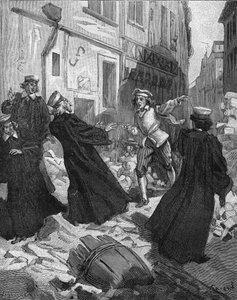 La Fronde (1648. augusztus 27.) - barikádok Párizsban: egy rotorfiú megfenyegeti a parlament elnökét, Mathieu Molét (1584-1656). századi metszet. Jules Michelet „Histoire de France” című művében alkotó: Unknown artist
