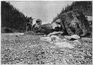 La Catastrophe de Saint-Gervais (Saint Gervais) vagy Katasztrófa a gleccser de la Tete Rousse (Haute-Savoie megye) (1892. július 12-13.) – Bains de Saint-Gervais a katasztrófa után, az áradat által szállított hatalmas blokkokkal, Metszet a „” La Natur-ba alkotó: Unknown artist
