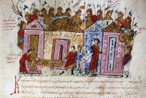 A varangi (varangi) fegyveres gárda (dán és svéd vikingek, akik bejárták a keleti területek teljes folyórendszerét és erődöket építettek, egészen a Kaszpi-tengerig, ezzel megalapozva az orosz állammá váló államot) Miniatűr a keleti területekről alkotó: Unknown artist