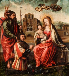 ""Kolumbusz Kristóf Szűza"" (Cristobal Colon szűze) Madonna és gyermek Kolumbusz Kristóf és Névtelen Szent Kristóf festményével 1540 - Olaj, fa Méret 52x48 cm Museo Lazaro Galdiano, Madrid alkotó: Unknown artist