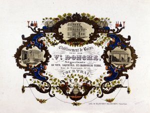 Pincészet, likőrök és földes szén címkéje. Litográfia alkotó: Unknown artist