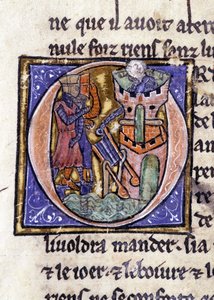 Lancelot egy torony tetején. Kézirat: Szent Gréal meghódítása, 717 évvel urunk szenvedélye után. Bibliotheque Municipale de Rennes, ms. 255 (A Kerekasztal regénygyűjteménye); Párizs alkotó: Unknown artist