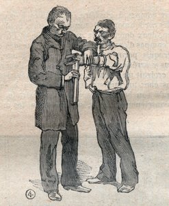 Bírói antropometria vagy bertillonnage, Alphonse Bertillon (1853-1914) módszere: a középső ujj és a bal gyűrűsujj mérése - Metszet a „La Science francaise”-ban alkotó: Unknown artist