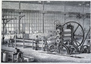 Nagy hengermű a tisztított gumitömbök lemezekké alakításához – Louis Figuier „Az ipar csodái” című könyvében alkotó: Unknown artist