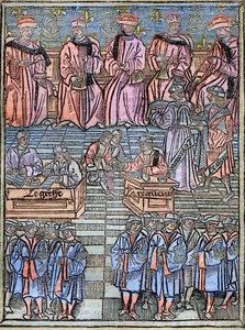 Le prevot des marchands et les echevins de Paris au 16eme századi metszet az 1528-as eredeti után – A kereskedők prépostja és a párizsi alpolgármesterek, az adóbeszedés színhelye, címlap a „Királyi rendeletek a Prevote des Merchants joghatóságáról” c. alkotó: Unknown artist