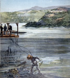 Paolo Pardi búvár római hajókon dolgozott a Nemi-tóban a Siebe búvárral 1893-ban. alkotó: Unknown artist