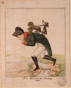 ""A berliniek kívánsága"" (A berliniek kívánsága) I. Napóleon császárt (1769-1821) ábrázoló karikatúra, aki a hátán hordja a Brandenburgi kapu quadrigáját, hogy átkeljen Mainzon az erőd ostrománál Névtelen karikatúra alkotó: Unknown artist