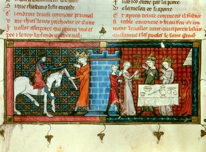 Balra: Perceval kardot kapott Pescheor királytól. Jobbra: Szent Grál körmenet. Miniatűr a „Tale du Grail” című filmből alkotó: Unknown artist
