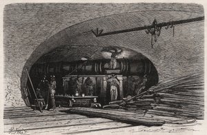 Párizs szennyvízcsatornája: csőkanyar a Saint Michel híd közelében (Saint-Michel), Place du Chatelet - Metszet a „” Le Monde Illustré”-ben” alkotó: Unknown artist