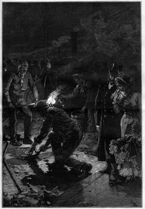 A munkások a francia színház (Theatre-Francais vagy Comedie-Francaise (Comedie Francaise)) közelében, Párizs utcáin rakják le a bitument, és éjszaka végzik az építési munkákat. Metszet a ""The Illustrious World""-ben alkotó: Unknown artist
